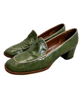 Vtg 70s Holt Renfrew Spanish made green leather academia block heeled loafers 7